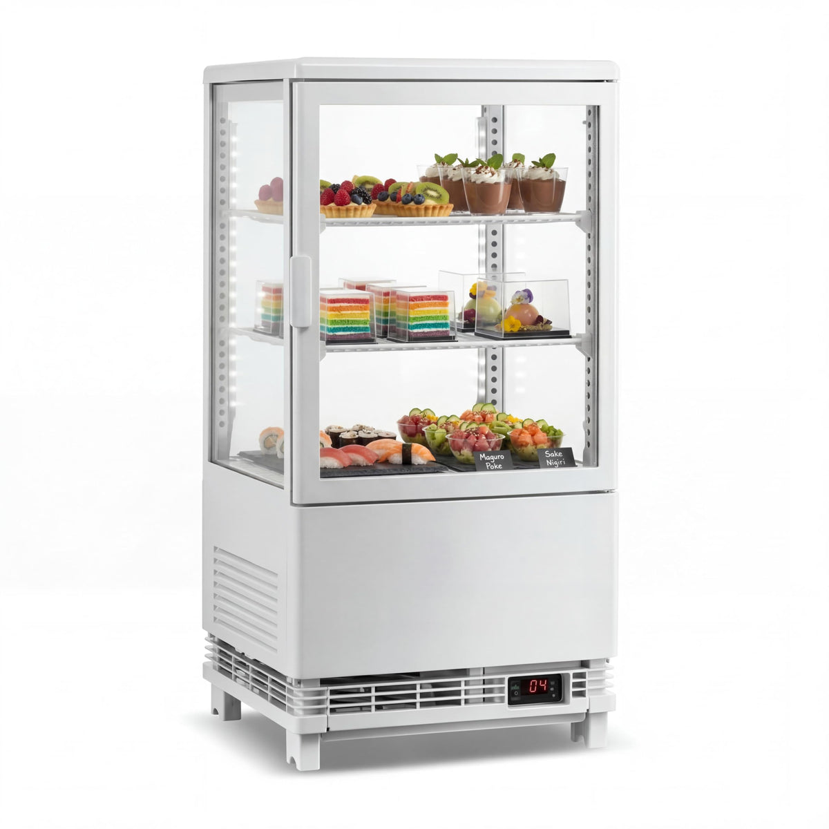 Countertop Display Refrigerator 2.0 Cu.ft, LED Light, Air-Cooling, Sliding Door, Adjustable Shelves, Automatic Defrost, Commercial Mini Fridge for Bakery, Cafe, Restaurant, White