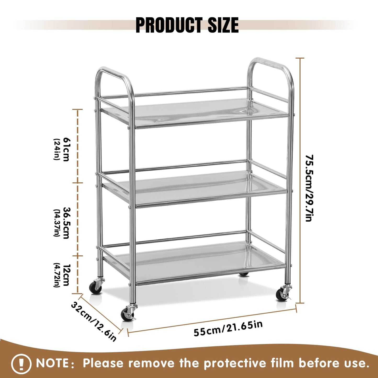 Stainless Steel Utility Cart - 3-Tire Metal Rolling Small Service Cart on Wheels for Salon Labs Clinic - Flat Top Kitchen Storage Organizer Shelf Trolley for Livingroom Office