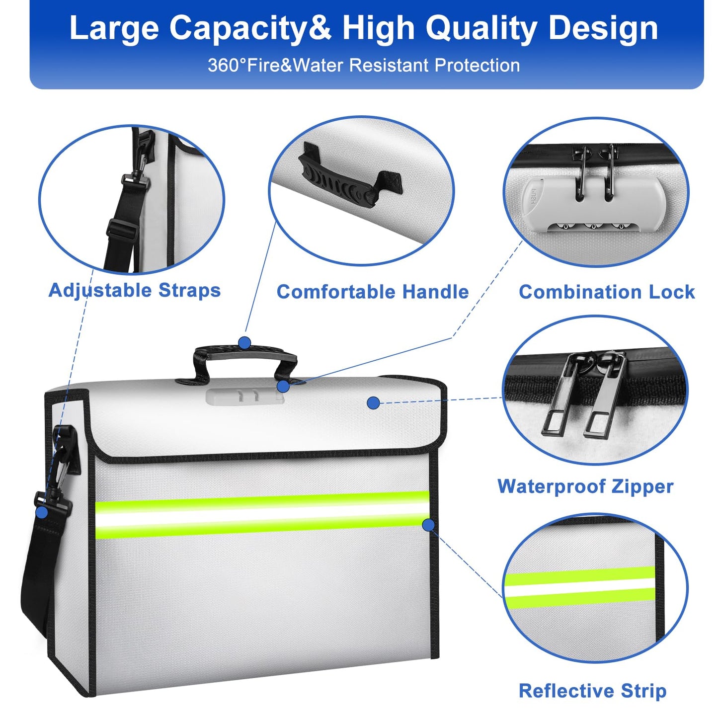 ZYMMYZ 6500°F Large Fireproof Document Organizer with Lock,Upgraded 10 Layers Heat Insulated＆Waterproof Zipper,Removable Folder Layers/Wallet,Portable Home Travel for Documents(16.5x12.4x5.5 inches)