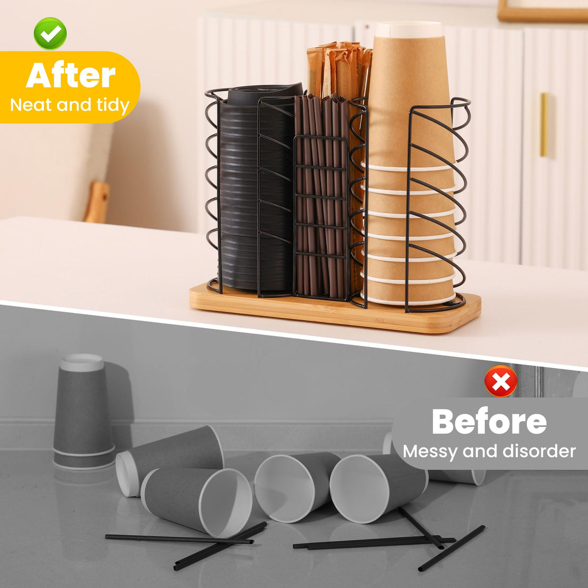 Mozabol Coffee Station Organizer for Countertop, Cup and Lid Organizer with Straw Holder, 3 Section Disposable Cup Dispenser Rack with Acacia Wood Base for Office, Cafe, Kitchen, Break Room