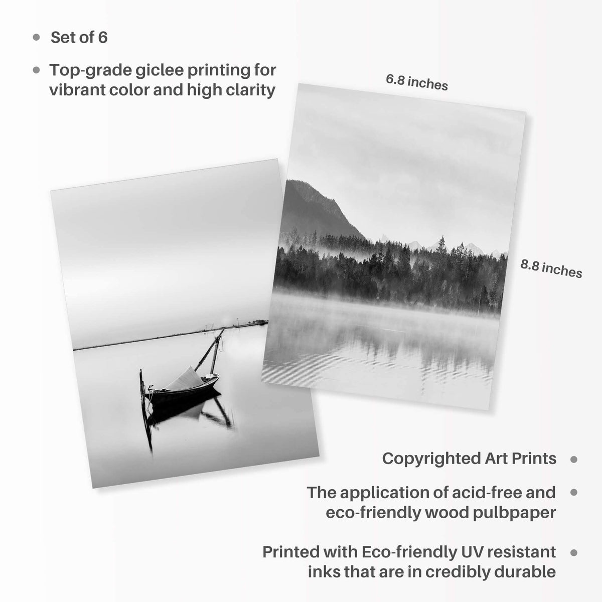 Lake Framed Wall Art Decor: Calming Nature Landscape Artwork 6 Piece Black Scenery Painting Print Vertical Boat Picture for Office Home Bedroom Living Room (Glass Panel Protection)