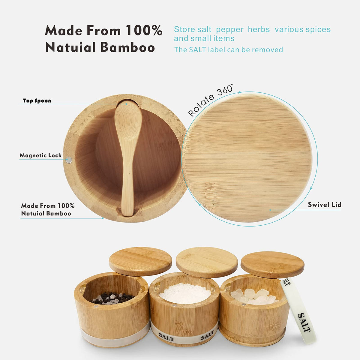 ThougrLyh Salt Box Bamboo Salt Container with Swivel Lid with Magnetic to Easily Open and Seal Salt Cellar With Spoon for Storing Salt Pepper Sugar Herbs Small Spice Box
