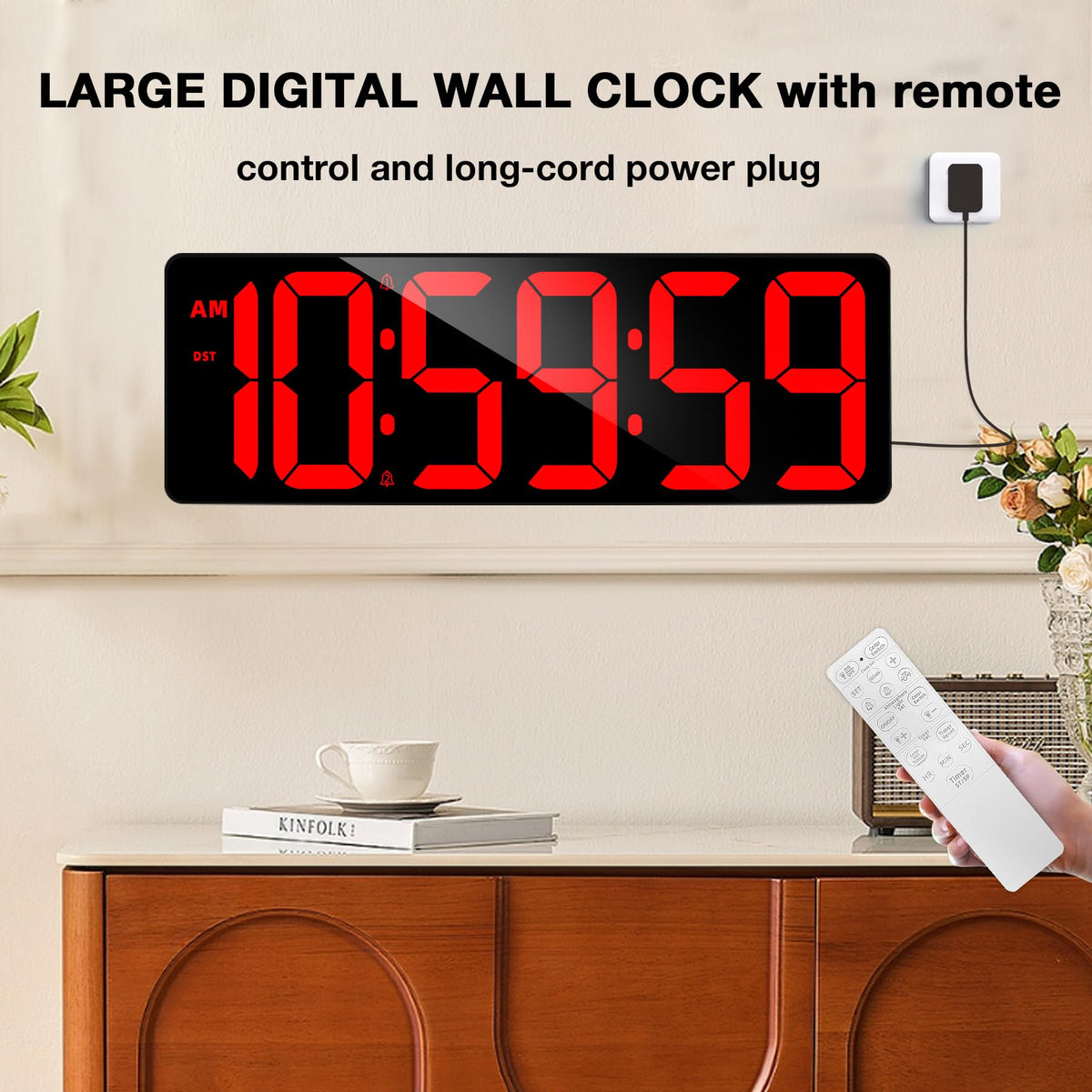 SJJSKY 17.2" Large Digital Timer Wall Clock with Remote Control, Count Down Up Digital Timer, Auto DST LED Big Digital Clock for Bedroom Kitchen Living Room Office Gym Home Decor, Red