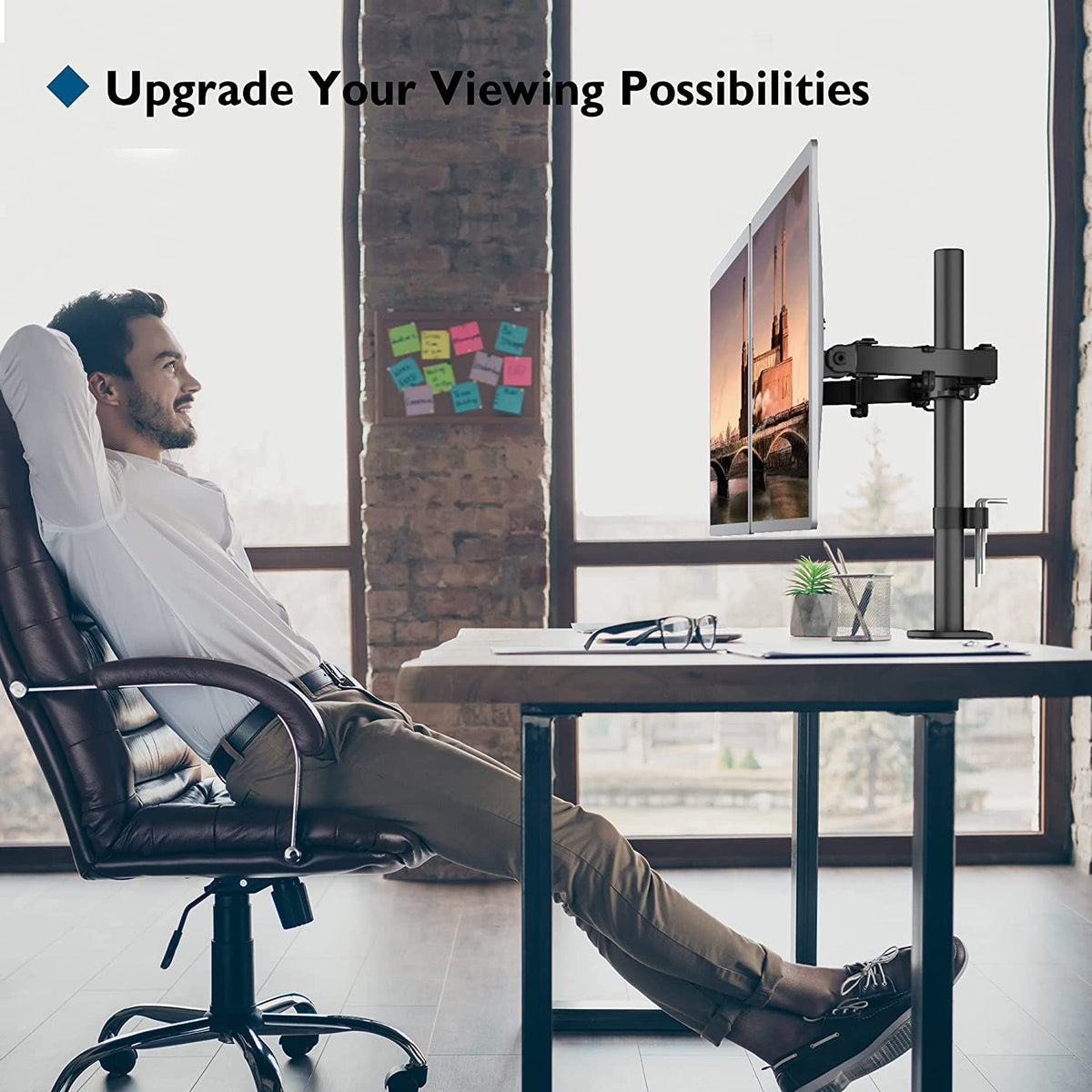 BONTEC Dual Monitor Desk Mount, Full Motion Adjustable Monitor Stand for 13–27 Inch Screens, Heavy Duty Arms Hold Up to 22 lbs Each, VESA 75x75/100x100 mm, C Clamp and Grommet Base, Cable Management