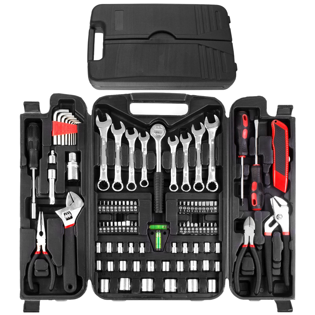 TLGREEN 95 Piece Tool Set, Tool Kit, Mechanics Tool Set, Portable Toolbox with Adjustable Wrench Pliers Socket Bits, with Plastic Toolbox, for House Apartment Garage (Red)