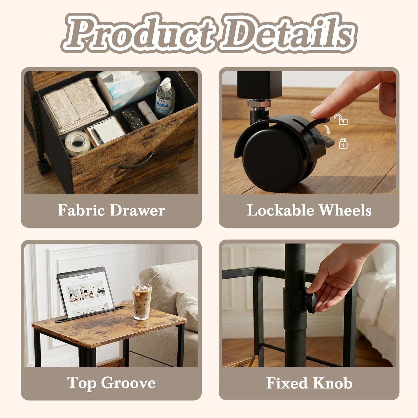 Faesun Swivel Lift Top Nightstand with Charging Station, Rolling Side Table for Recliner, Bedside Table with Wheels & a Fabric Drawer, for Small Spaces, for Bedroom, Living Room, Brown