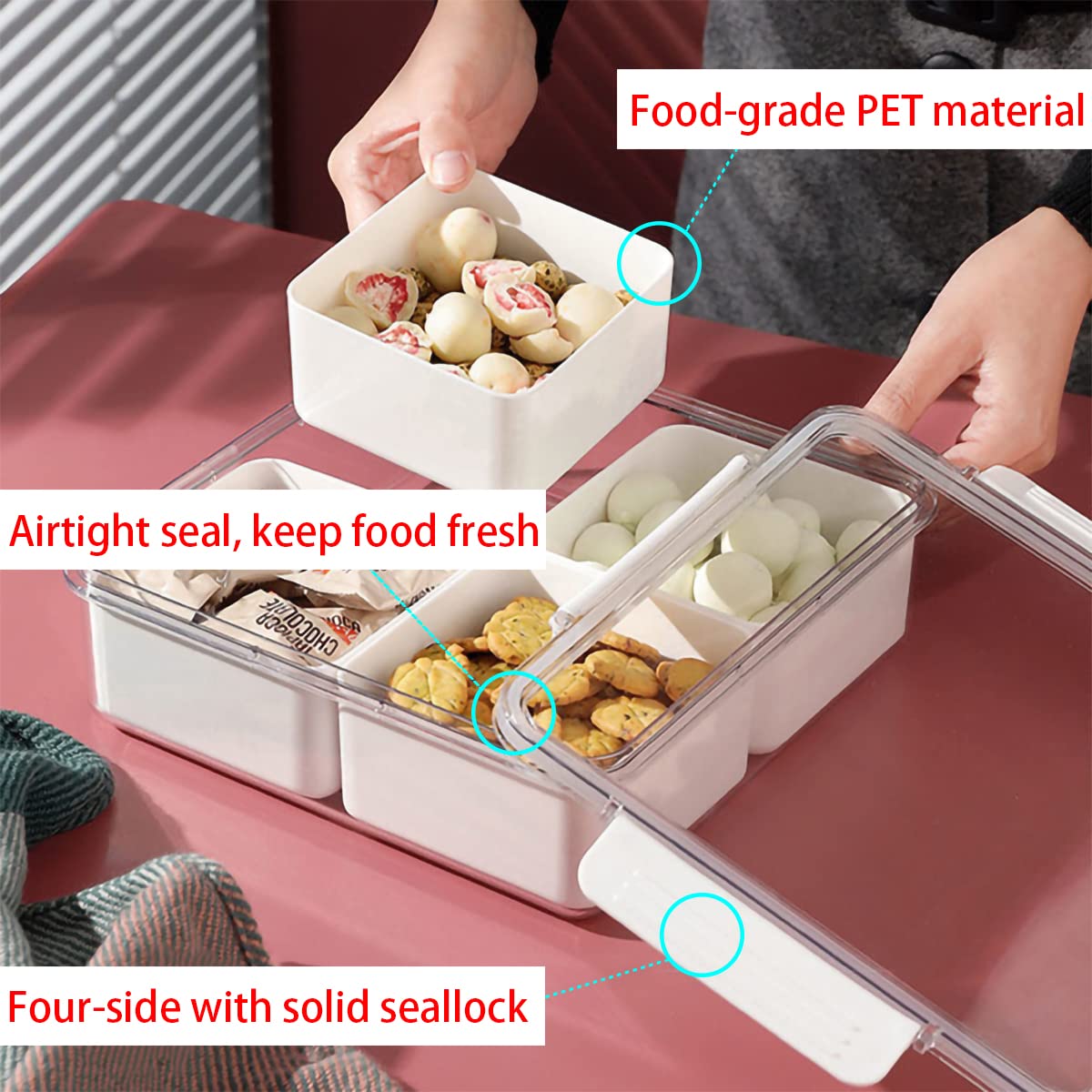 MineSign 2Pack Divided Veggie Tray with Lid Snackle Box Serving Container Salad Keeper with 4 Removable Boxes Stackable Refrigerator Organizer Bins Produce Saver for Meal Prep Fruit
