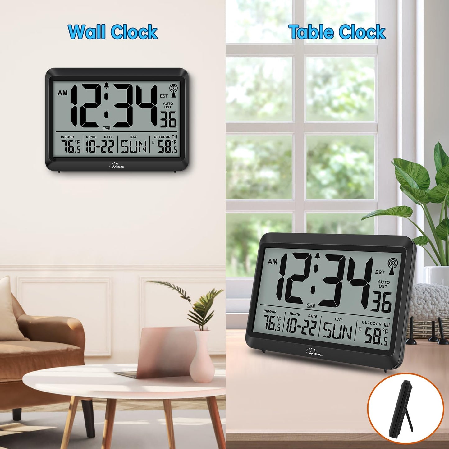 WallarGe Atomic Clock with Indoor Outdoor Temperature - 8.5'' Digital Clock Battery Operated, Self-Setting, 4 Time Zones, DST