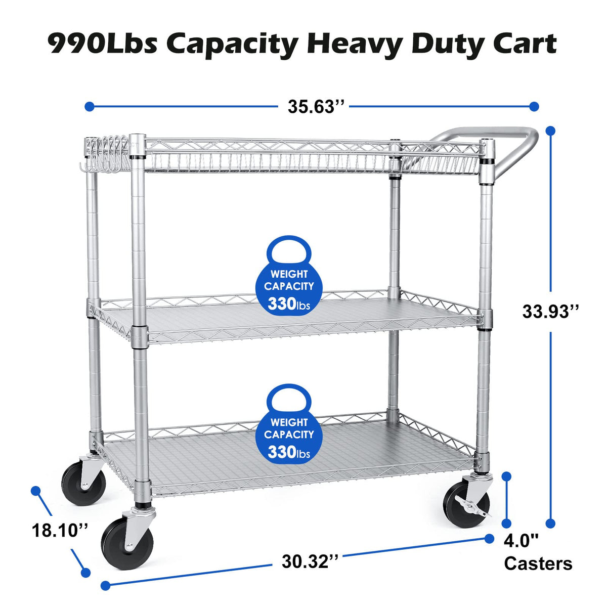 WDT 990Lbs Capacity Heavy Duty Rolling Utility Cart, NSF Rolling Carts with Wheels,Commercial Grade Metal Cart with Handle Bar & Shelf Liner,Trolley Serving Cart for Restaurant,Kitchen,Gray