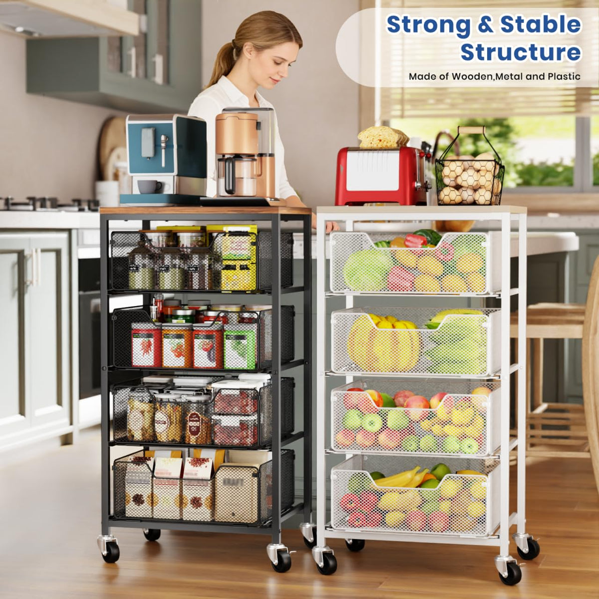Goovilla Kitchen Cart with Drawers, 4 Tier Metal Rolling Utility Cart Organizer on Lockable Wheels with Wooden Top, Black Fruit Vegetable Storage Rack Also for Cans, Snack, Craft, Art, Office, Beauty