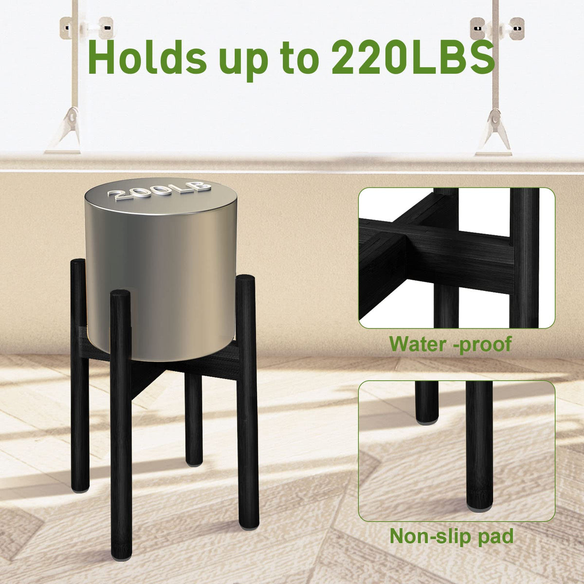 BESHOF 2 Pack Bamboo Plant Stands, Adjustable Plant Stand Indoor, Mid Century Modern Plant Stand, Plant Holder for Living Room, Balcony Fits 8 to 12 Inches Pots (Black)