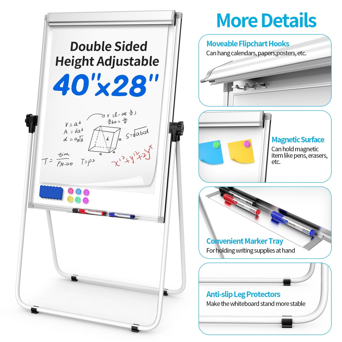 U Stand Double Sided Magnetic Dry Erase Board with Easel Stand, 40"x28" Whiteboard with Flipchart Paper Pad (25 Sheets)- Height Adjustable Standing Whiteboard for Office, Homeschooling & Studio, White