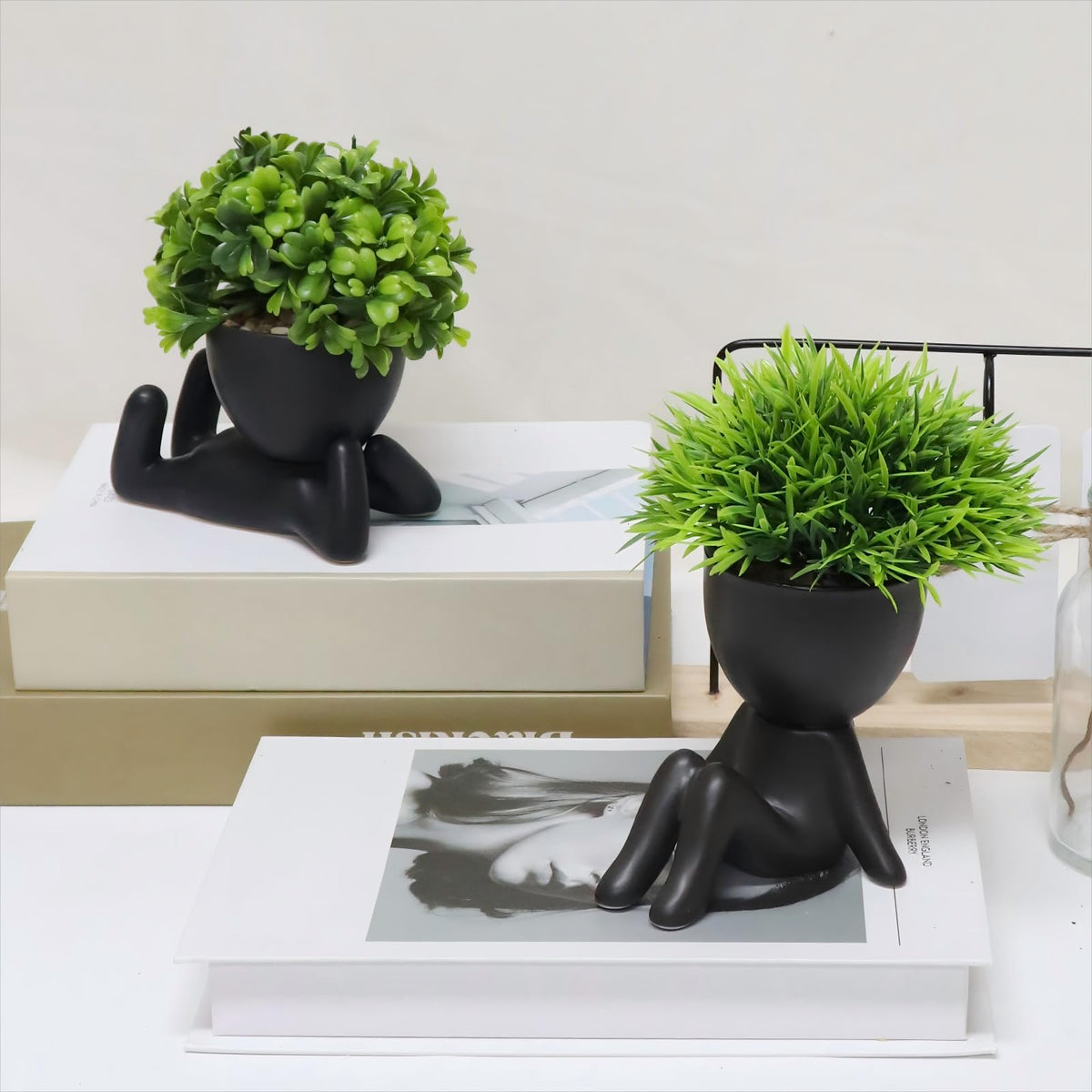 MAKHOT 4PCS Cute Artificial Mini Succulent Plants with Creative Human Shaped Pots, Small Fake Plants for Shelf Desk Tabletop Office Home Decoration(Black)