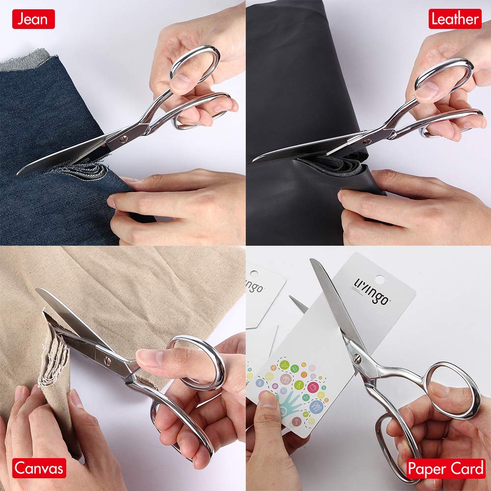 LIVINGO 8" Professional Heavy Duty Tailor Fabric Scissors, Dressmaker Sewing Classic Stainless Steel Ultra Sharp Forged Shears, Bent A-silver