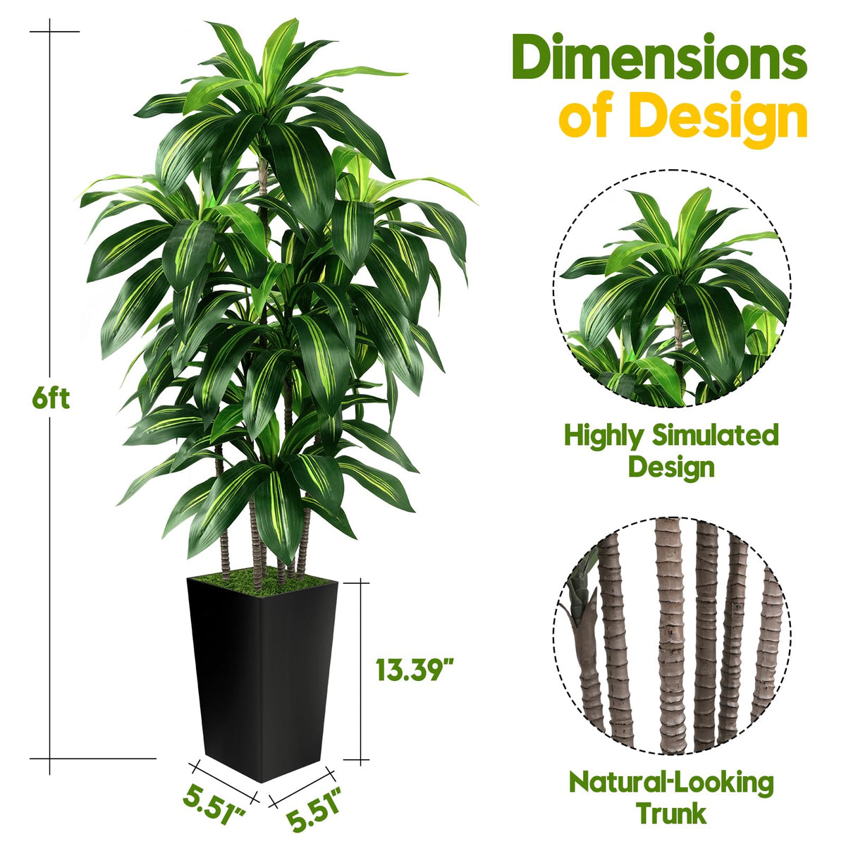Artificial Dracaena Tree Indoor, 6FT Tall Fake Tree with Black Tall Planter, Artificial Trees Fake Yucca Potted Tree for Home Office Living Room Decor, Tall Artificial Plant for Housewarming