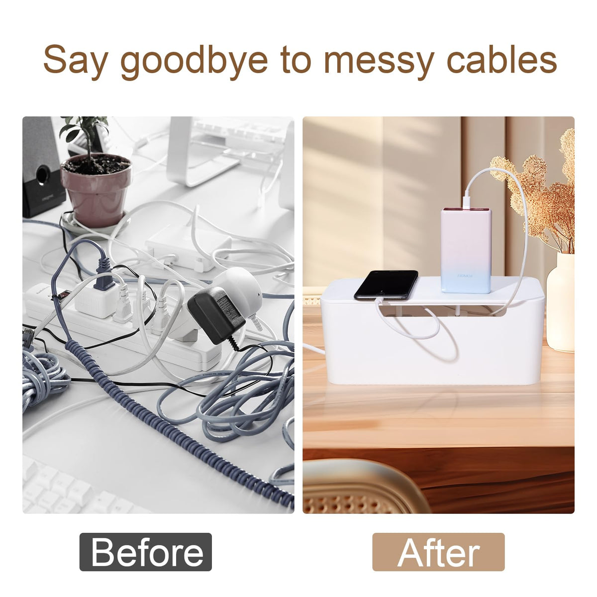 Eichzer Cable Management Box, Premium Cord Organizer Box to Hide Surge Protector on Desk, Power Strip Cover for TV Computer Home Router Office (White)
