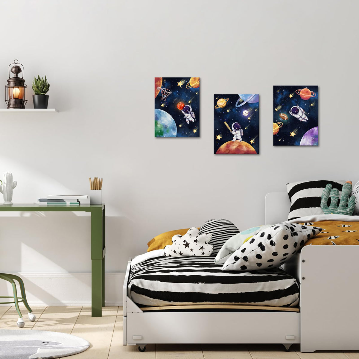 Biuteawal 3 Panels Space Wall Art Cute Astronaut Play Basketball Football Baseball Sports Picture Universe Theme Canvas Painting Funny Art Boys Girls Kids Bedroom Nursery Room Decor