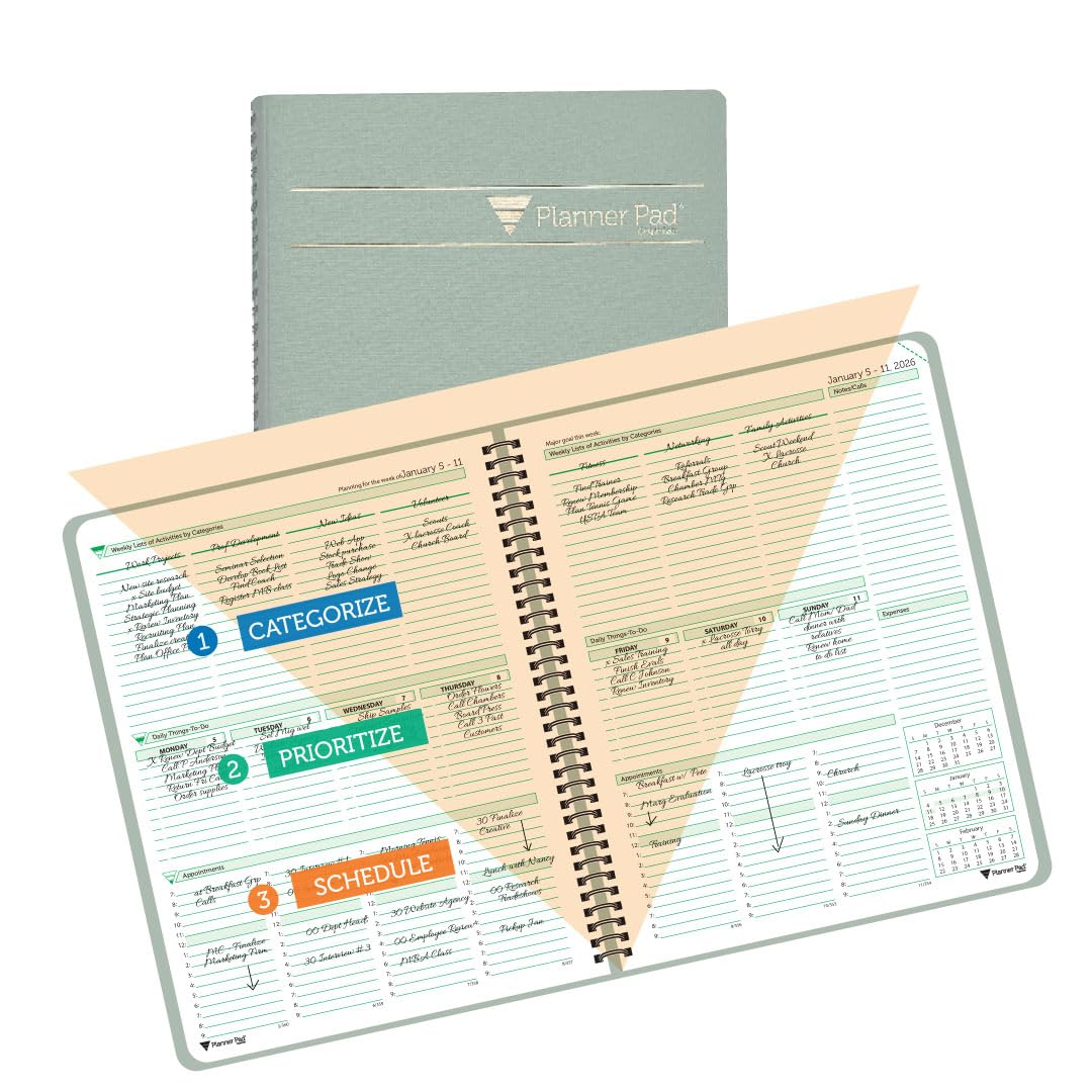 Planner Pad Spiral Bound January-December 2026/ Calendar Year 8 1/2" x 11" Large 3-Tier Funnel Down 12 Month Organizer, Greenish Grey Cover/Soft Green Ink