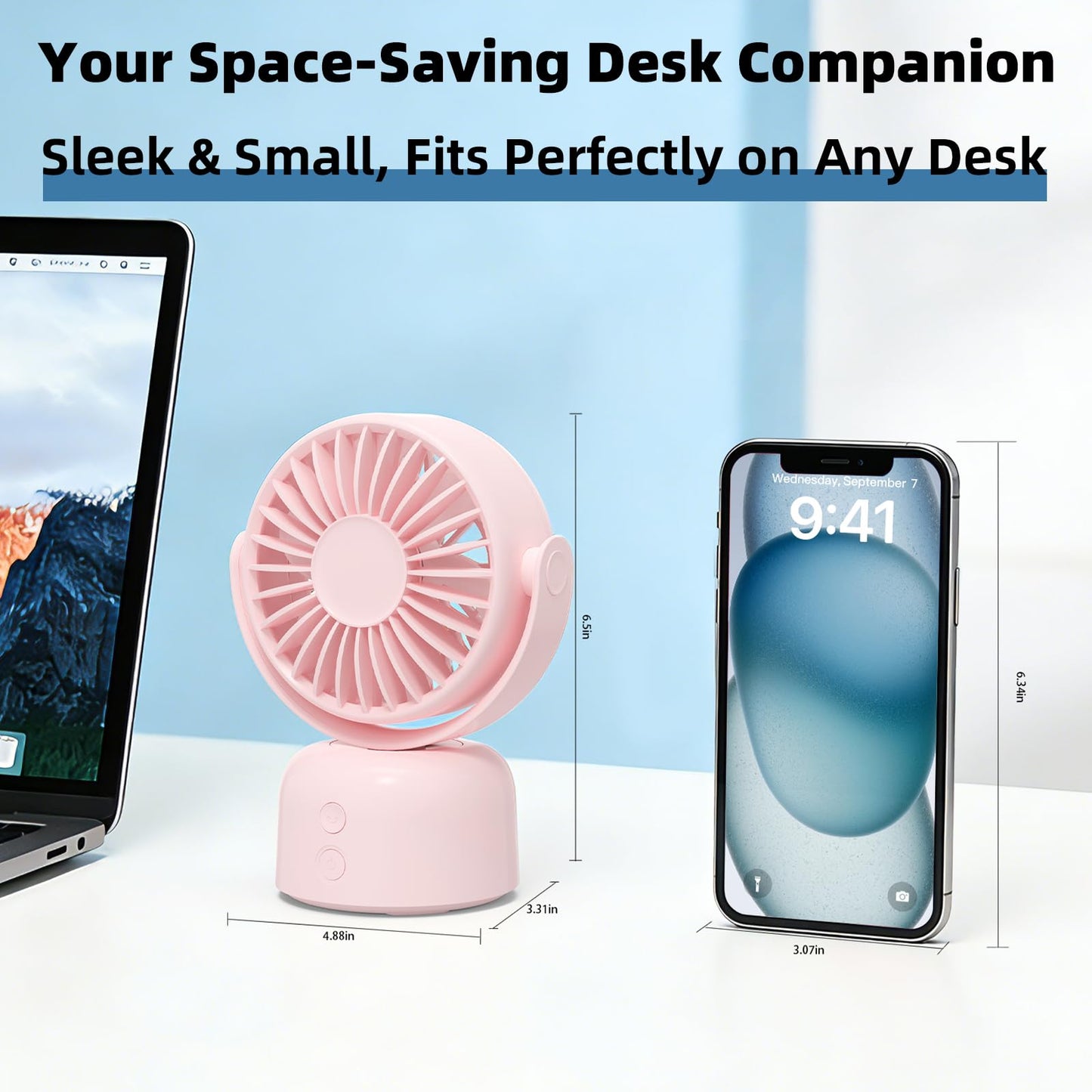 Mizong Small Oscillating Desk Fan USB Rechargeable 3 Speed Portable Mini Cooling Fan Quiet Personal Fan for Home Office Bedroom