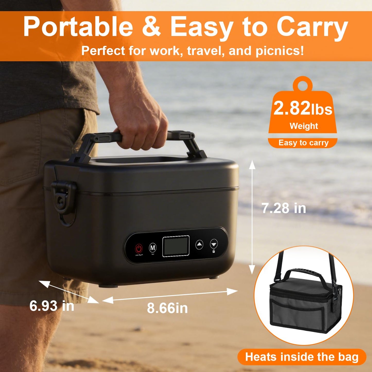 Cosy Life Cordless Electric Lunch Box with 24000mAh Long-Lasting Battery, 1.2L 304 Stainless Steel Food Warmer & Insulated Bag for Hot Meals at Office, on Travel & Outdoors