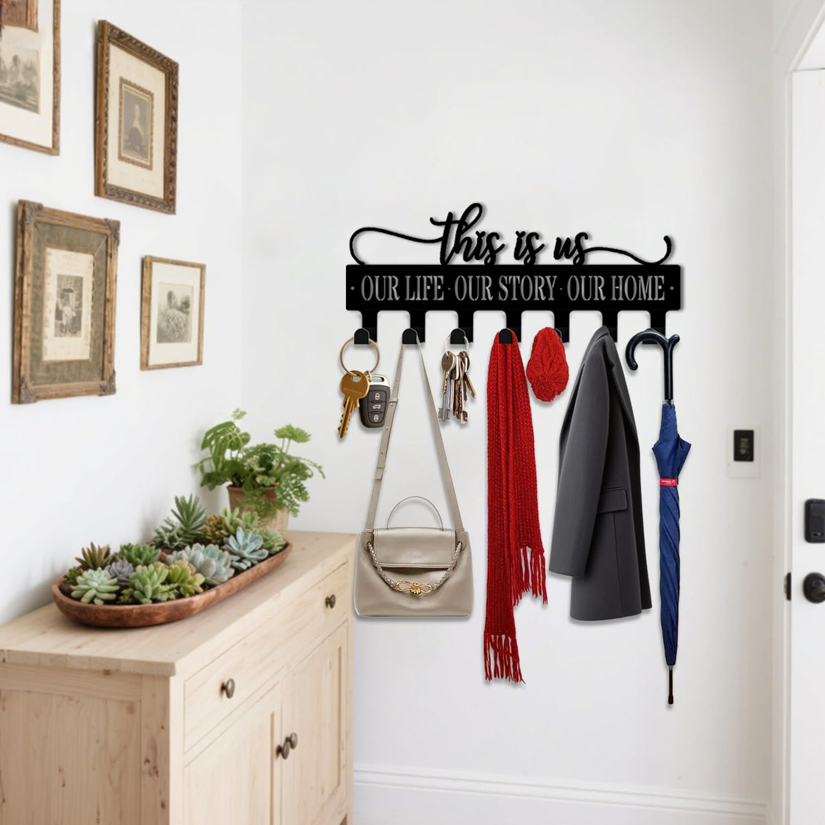 VUZUCOSH Key Holder Wall Mount, This is Us Sign, Key Holder Wall for Wall Decorative with 6 Hooks, Organizer Rack Hanger for Entryway, Front Door, Hallway, Office 9.8 inches