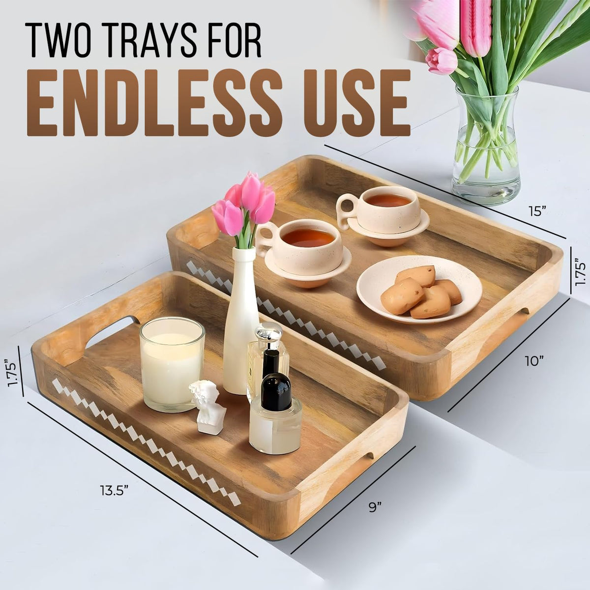Mela Artisans Wooden Serving Tray Set of 2 with Handles | Mango Wood Decorative Trays | 15x10x1.75 & 13x9x1.75 | Ottoman Tray | Snacks | Desserts | Bread | Coffee Table | Bedroom | Rounded Edge
