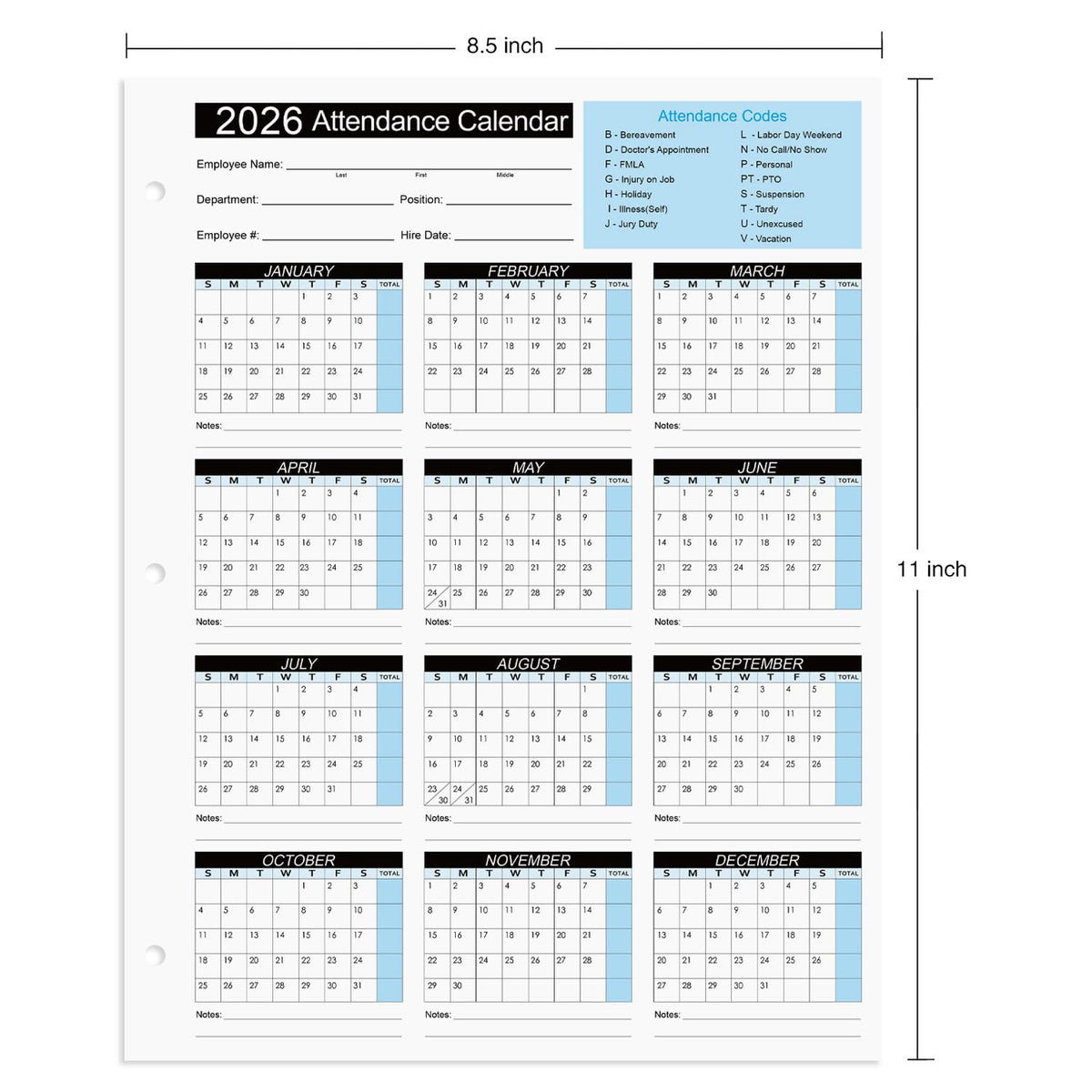 2026 Attendance Calendar Work Tracker Attendance Calendar Cards - 8.5 X 11 Cardstock/Pack of 25 Sheets