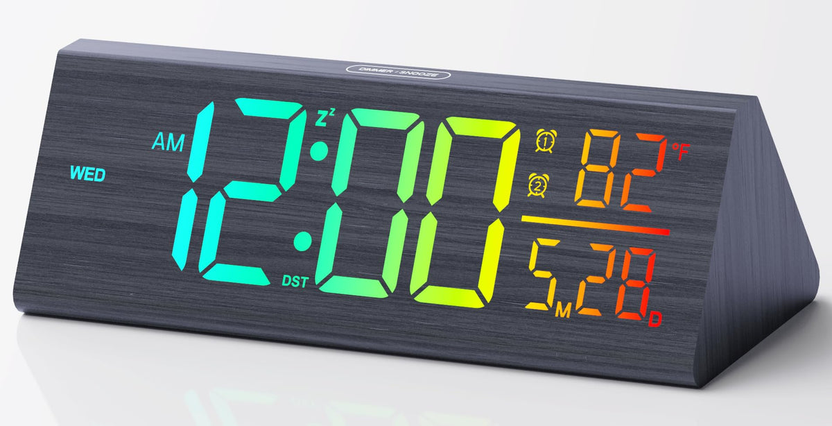 Haimiage Solid Wood Digital Alarm Clock for Bedroom - 8.8 Inch Large Display, Multicolor Backlight Time Display, Dual Alarms, Date/Temp/Day, DST, Snooze, Black