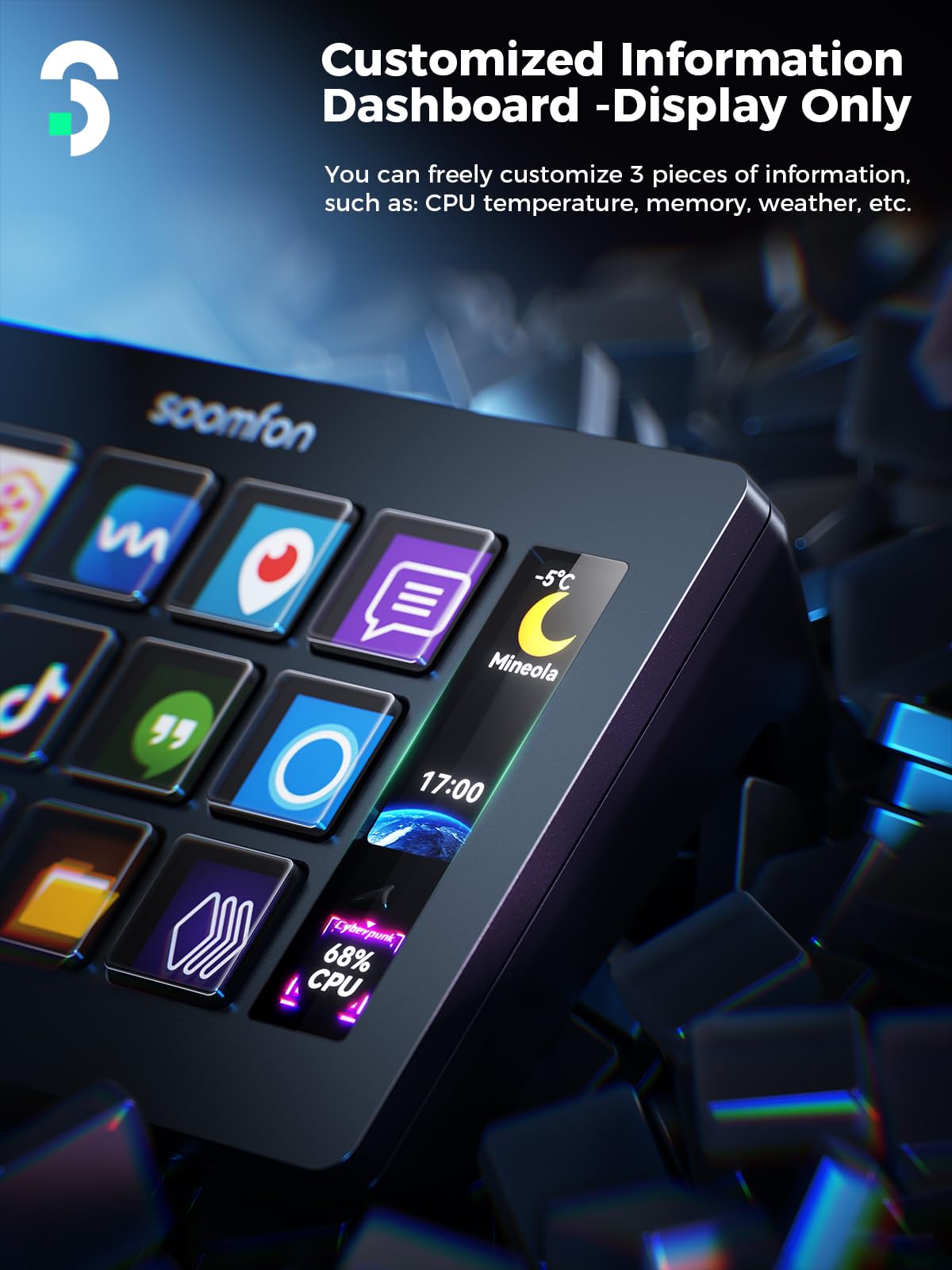 SOOMFON Stream Controller Stream Control Deck with 15 LCD Macro Keys Customizable to Trigger Actions in OBS Twitch YouTube Compatible with PC & Mac for Content Creators Streaming Gaming