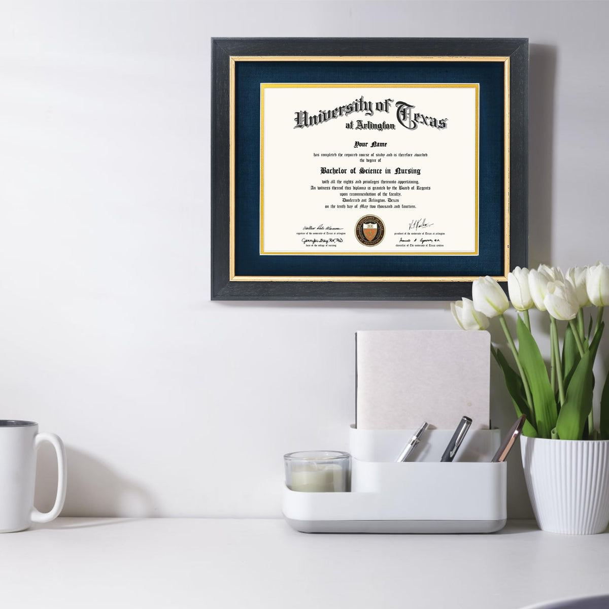 GMFrames 8.5x11 Wood Diploma Frame with Navy Mat or Display 11x14 Certificates without Mat,Tempered Glass,Rustic Black Finish with Gold Trim
