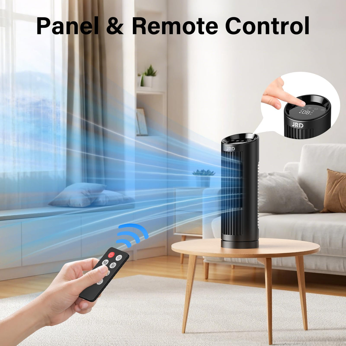 JRD 13'' Tower Fan for Bedroom, Quiet Cooling Desk Fan with Remote, 80° Oscillating, 3 Speed, 4 Mode, 12h Timer, Digital Touch Screen, Portable, Safe Bladeless Table Fan for Home Desktop Office