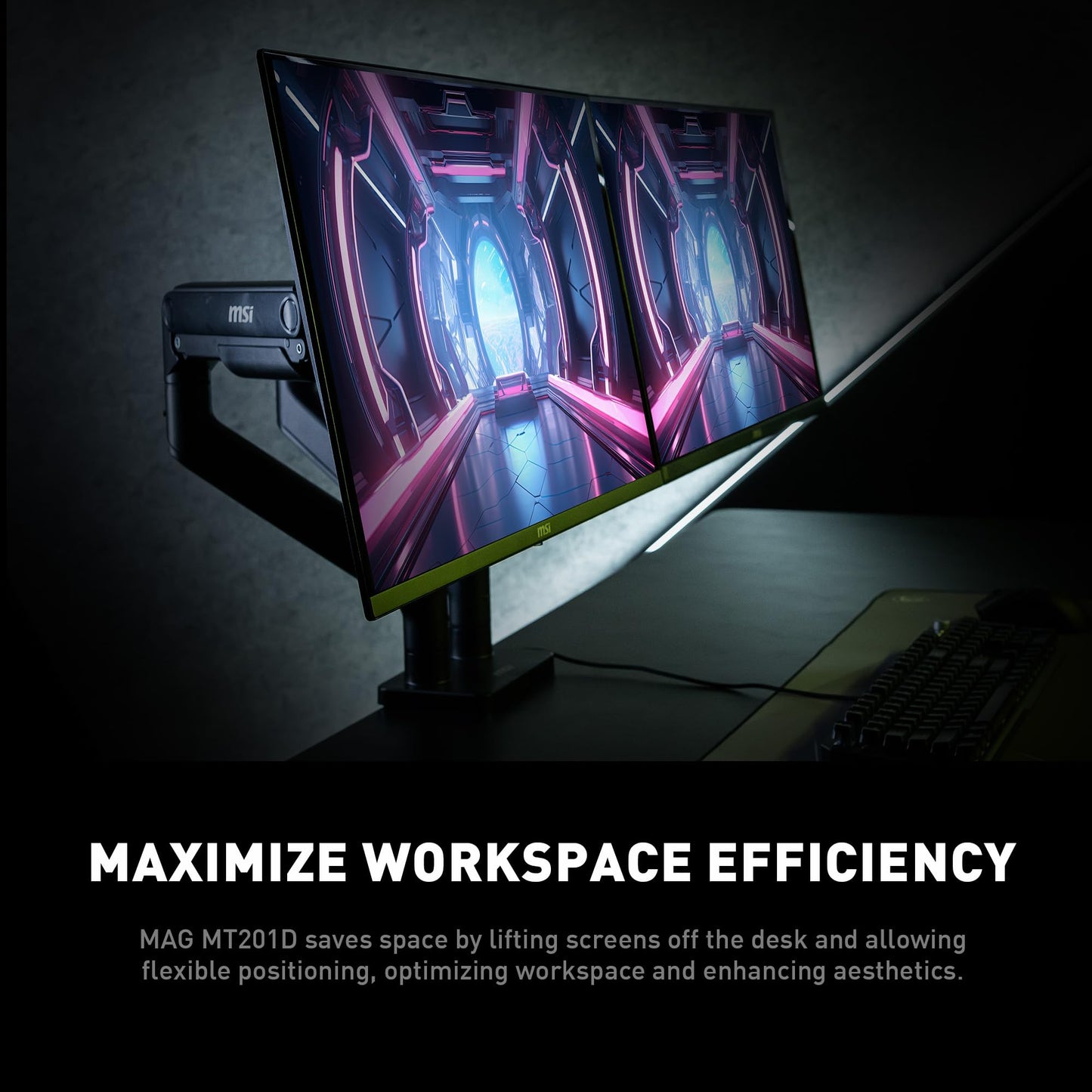 MSI MAG MT201D - Premium Heavy Duty Dual Monitor Stand Arms, 17-45" Support, VESA Compatible, Adjustable Spring Mount, 44 lbs per Screen, Clamp & Grommet, Quick Release Plate - Black