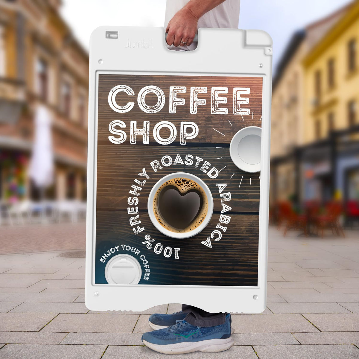 Jumbl A-Frame Signboard 22” x 28” Display Surface – Large Outdoor Sandwich Board w/Weather Resistant PVC Sign Protector & Sand Fill Holes – Dual Signage Stand for Storefront Sidewalk Curb (White)