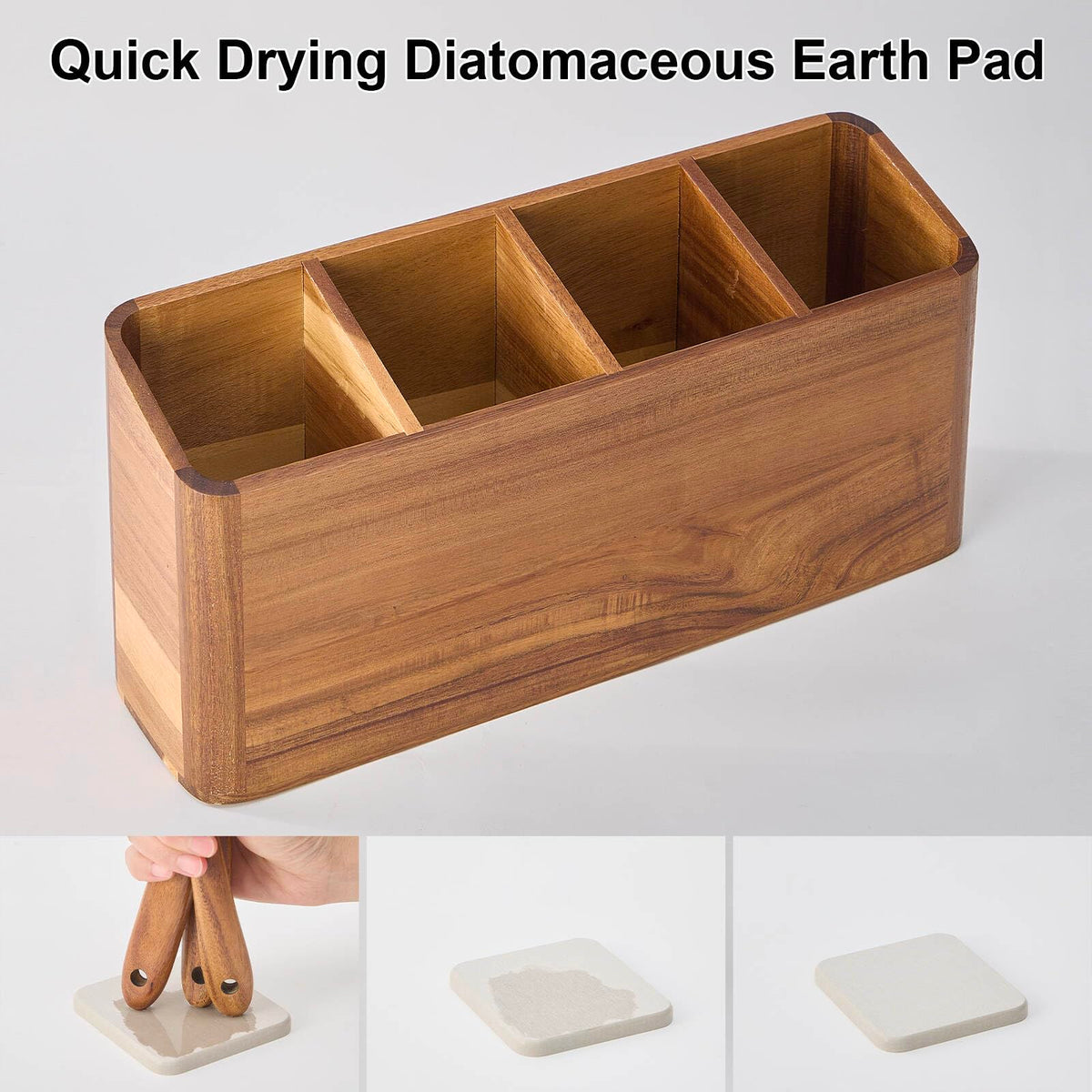 Wooden Utensil Holder for Kitchen Counter, Acacia Wood Kitchen Utensil Holder for Countertop with 4 Compartment, Cooking Utensil Organizer, Silverware Caddy (Acacia Wood, 4Compartment)