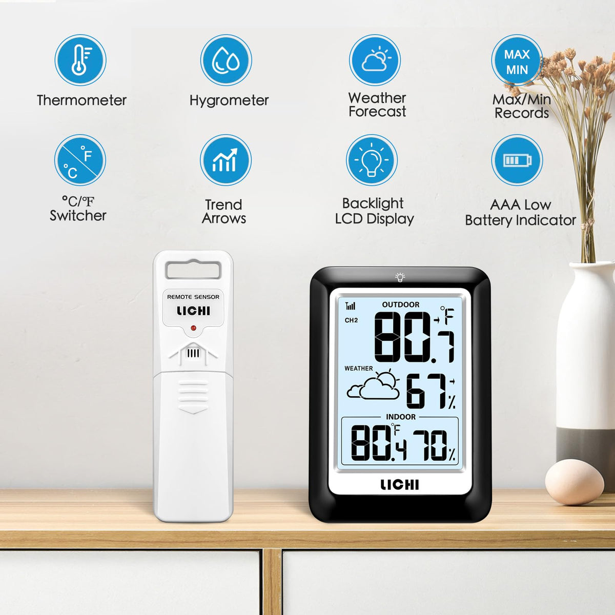 Indoor Outdoor Thermometer Wireless Weather Station, Internal External Thermometer Hygrometer, Home Batteryoperated Temperature Humiditymonitors330 Feet (About 100 Meters) Backlight Display (Black)