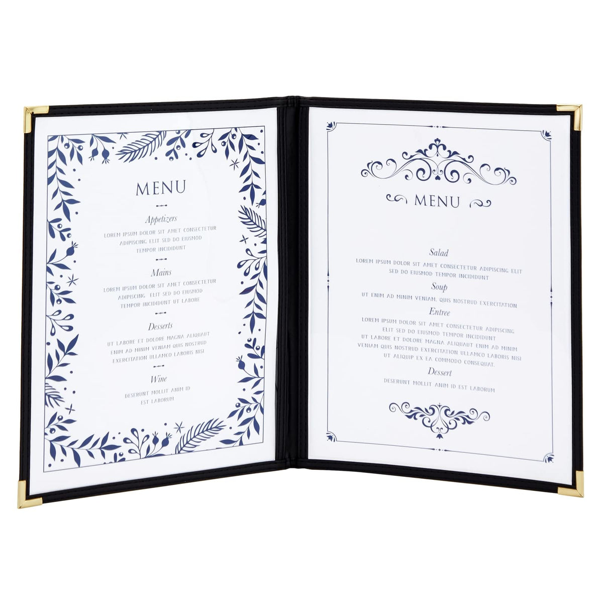 Juvale Clear Menu Covers 8x11 in 4 View - 12-Pack, Letter Size Black PU Leather - Double Panel Clear Sleeves & Gold Metal Corners - Menu Holders for Restaurants & Bars