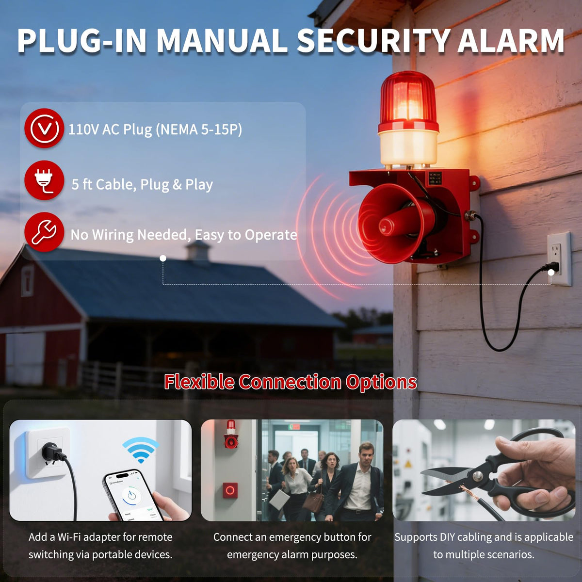 kbaoele AC110V Industrial Siren Alarm Strobe Light-120dB Loud Horn&Red Beacon Warning Light,Waterproof Indoor/Outdoor Safety Alarm for Emergency,Factory,Office,Fires,Tornado,Intruders,Animal Deterrent