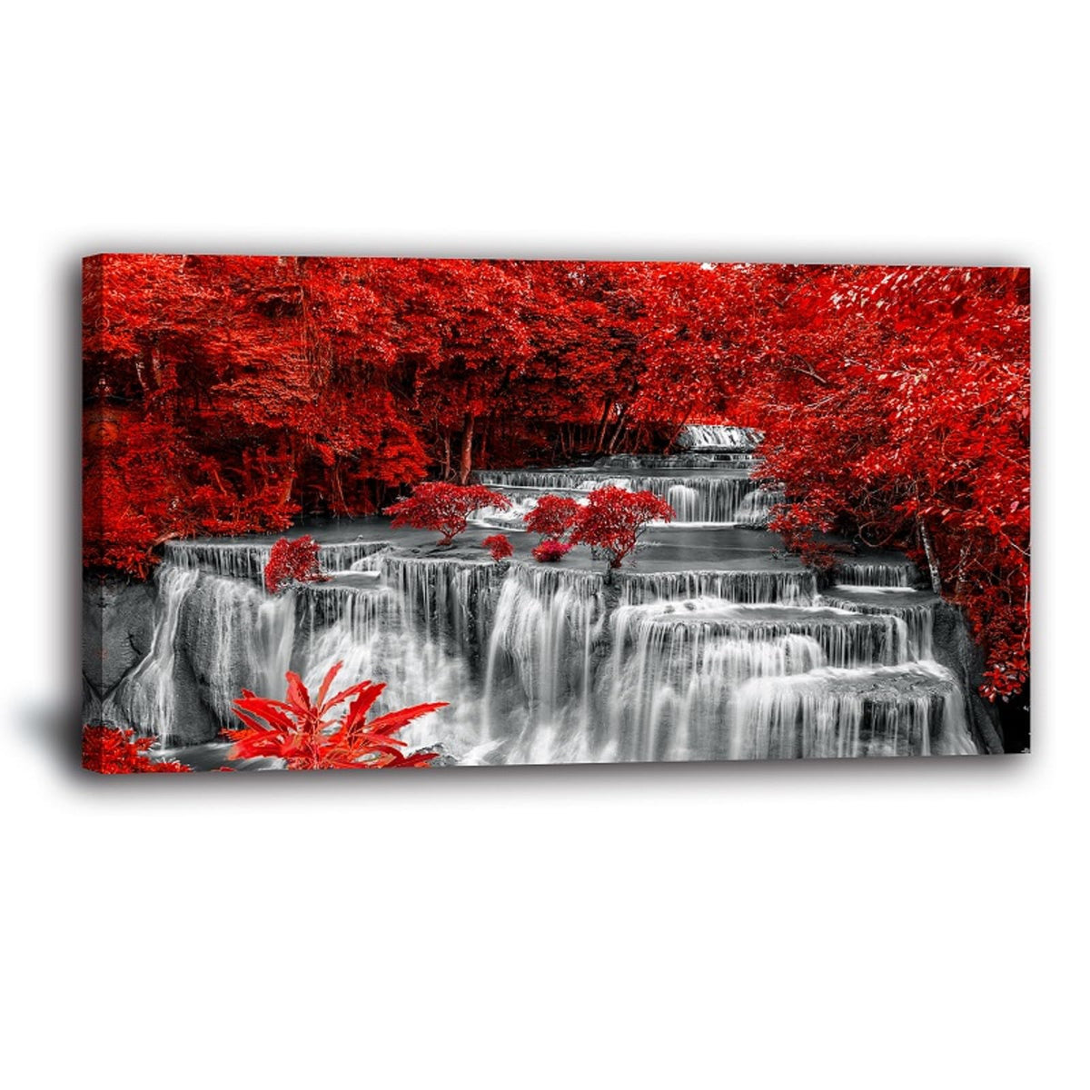 Yxbhhym Black White and Red Waterfall Canvas Wall Art- Red Tree Prints Landscape Posters Framed Picture - Nature Forest Scenery Paintings for Living Room Bedroom Home Office Wall Decor- Large
