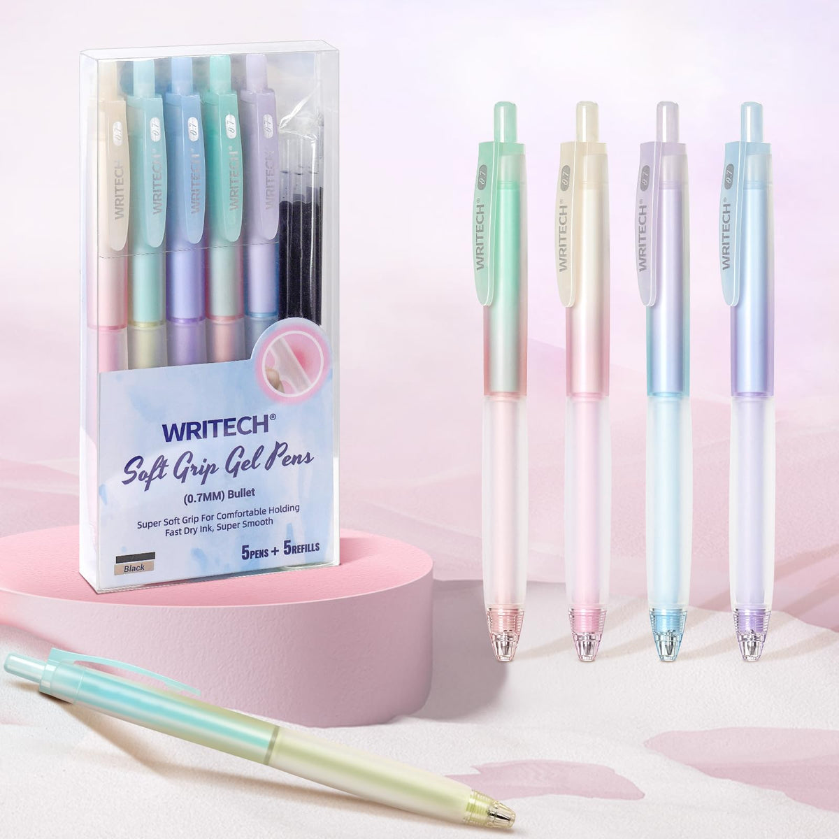 WRITECH Retractable Gel Ink Pens: 0.7mm Fine Point Black-Ink Aesthetic Gradient Color Barrel Soft Grip Medium Point Pen 5ct with 5 Refills for Journaling Smooth Writing Quick-dry No Bleed