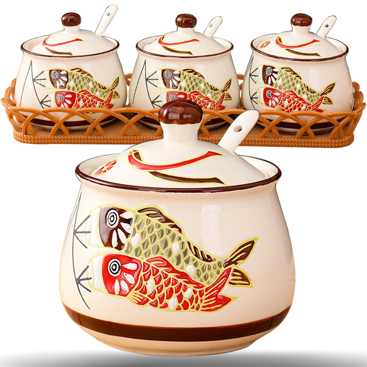 Orkim Kitchen Ceramic Condiment Jars with Lids and Spoons, 3 Piece Porcelain Seasoning Jar Set for Salt Spice Pepper Suger Bowl, Coffee Tea Container Pot with Serving Tray - Japanese Koinobori