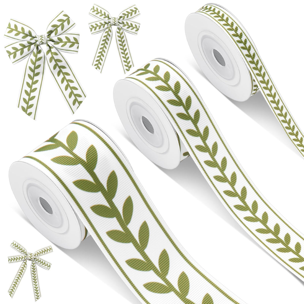 Cunno 3 Rolls Leaf Ribbon Decorating Material White Green Jacquard Ribbon Party Accessory for Curtain Home Decor Sewing DIY Gift Wrapping Crafts, 0.4, 0.87, 1.5 Inch Wide, 15 Yard