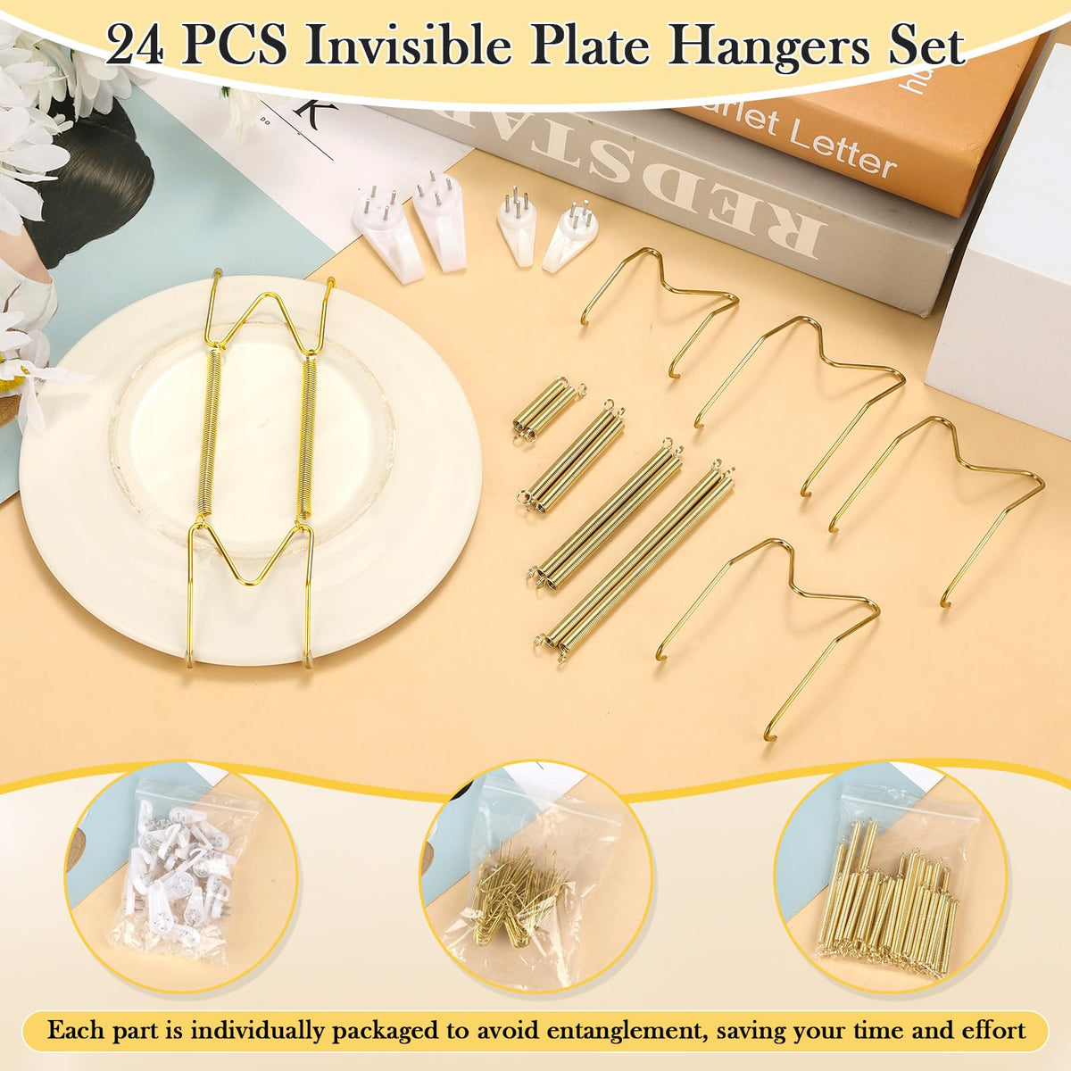 24 Pack Plate Hangers for Wall Display, 6/8/10/12 Inch Invisible Stainless Steel Plate Holders with Wall Hooks, Fit 5.5–12.5 Inch Decorative Plates, Plate Display Hangers for Home Wall Decor, Gold
