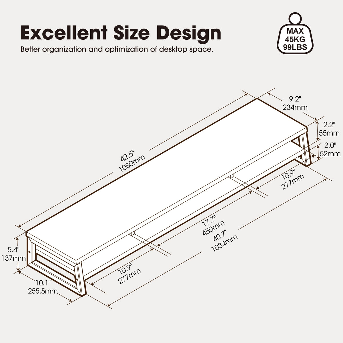 Fenge Dual Monitor Stand for Desk, 42.5in Large Monitor Riser for 2 Monitors, 2 Tier Computer Office Desk Top Shelf, Desktop Storage Stand for Laptop, PC, Computer, Printer