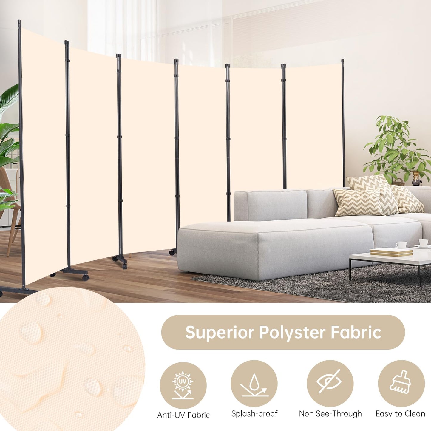 Room Divider 6 Panel Room Dividers/Wheels, Fabric Room Divider Panel for Office Room Partitions and Dividers, Portable Partition Wall Divider for Room Separation, Freestanding Privacy Screen Indoor