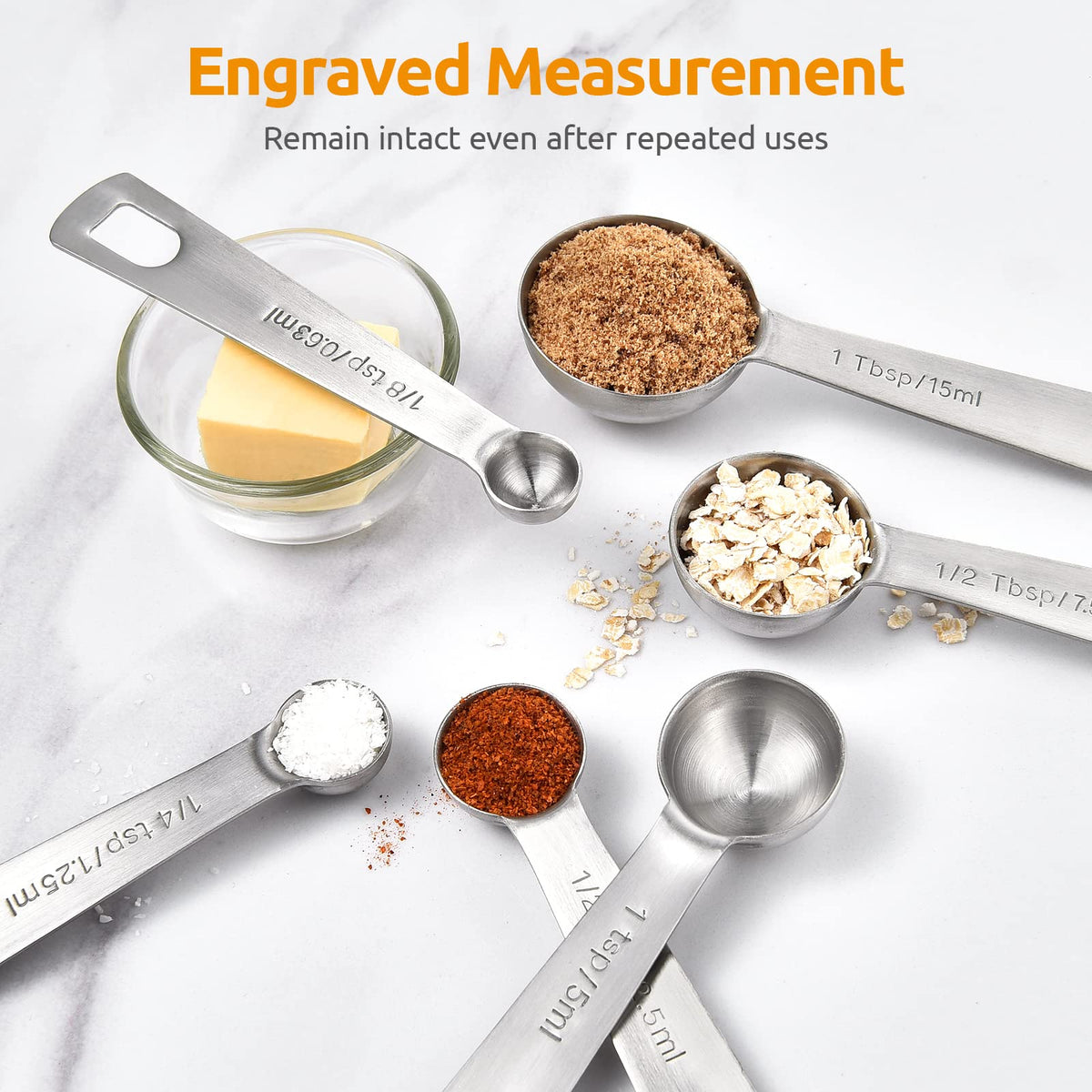 U-Taste 18/8 Stainless Steel Measuring Spoons Set: 7 Piece - 1/8, 1/4, 1/2, 3/4 tsp, 1 tsp, 1/2 & 1 tbsp for Dry & Liquid Ingredients