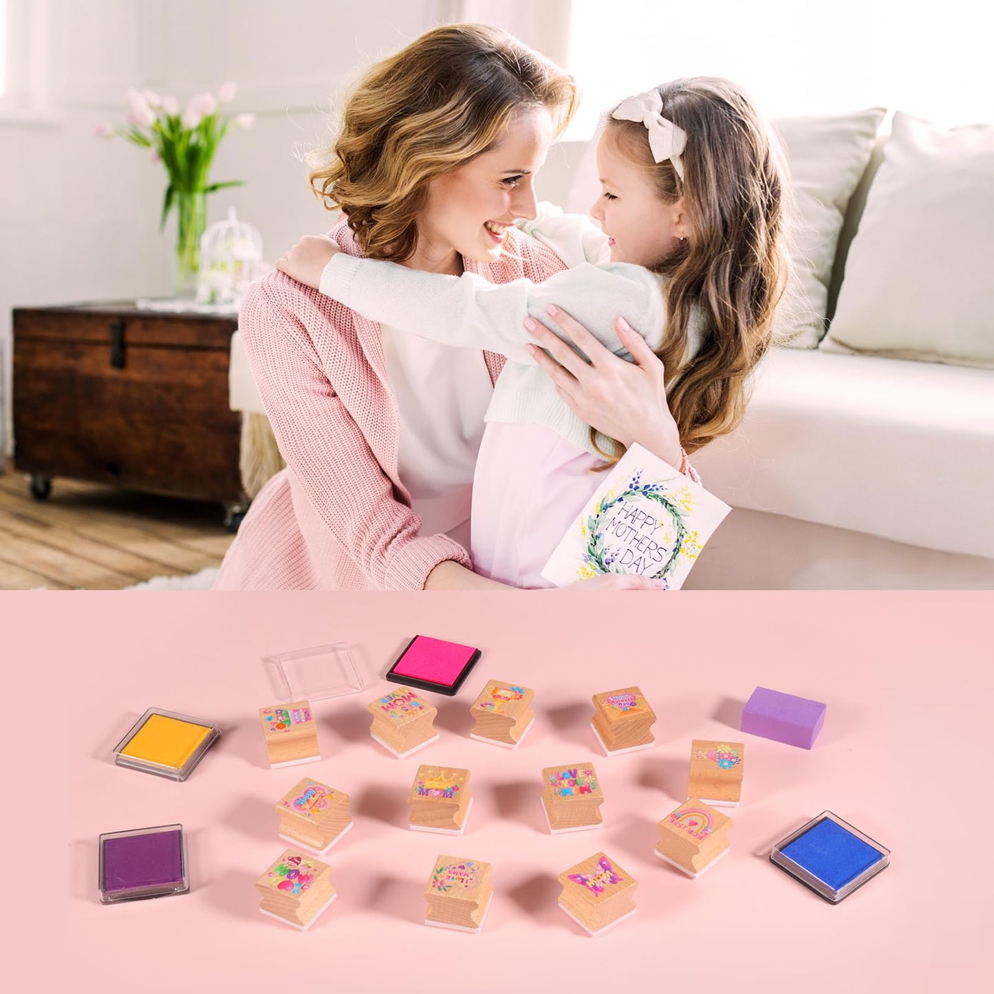 HOWAF 12pcs Mother's Day Wooden Stamps, Happy Mother's Day Rubber Stamps for Crafting, Best Mom Craft Inking Stamp Pads Set for Crafting and DIY Scrapbooking Card Making Hand Book