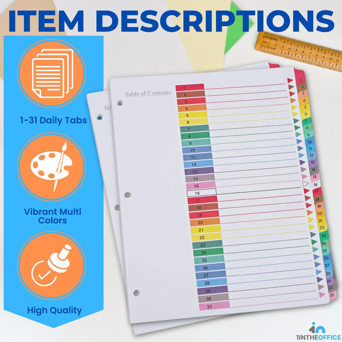 1InTheOffice 1-31 Tab Dividers for 3 Ring Binders, 31 Tab Daily Divider Sets, Table of Contents Divider Tabs, Multi-Color, 11 x 8.5, 2 Pack