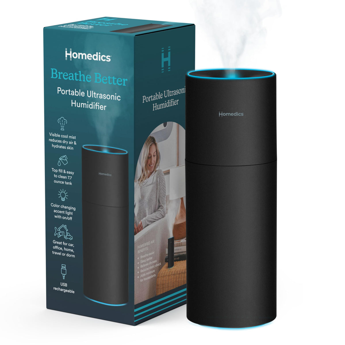 Homedics Portable Humidifier - Small Air Humidifiers for Bedroom, Plants, Office, Travel - Cool Mist Humidifiers, Color-Changing Accent Light, 2 Mist Settings, Matte Black