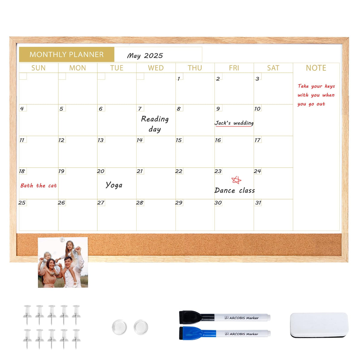 ARCOBIS Calendar Whiteboard with Cork Board, 36"x24" Wood Frame Dry Erase Calendar for Wall, Magnetic Monthly Combination Board for Home, Office, School, Kitchen, Beige