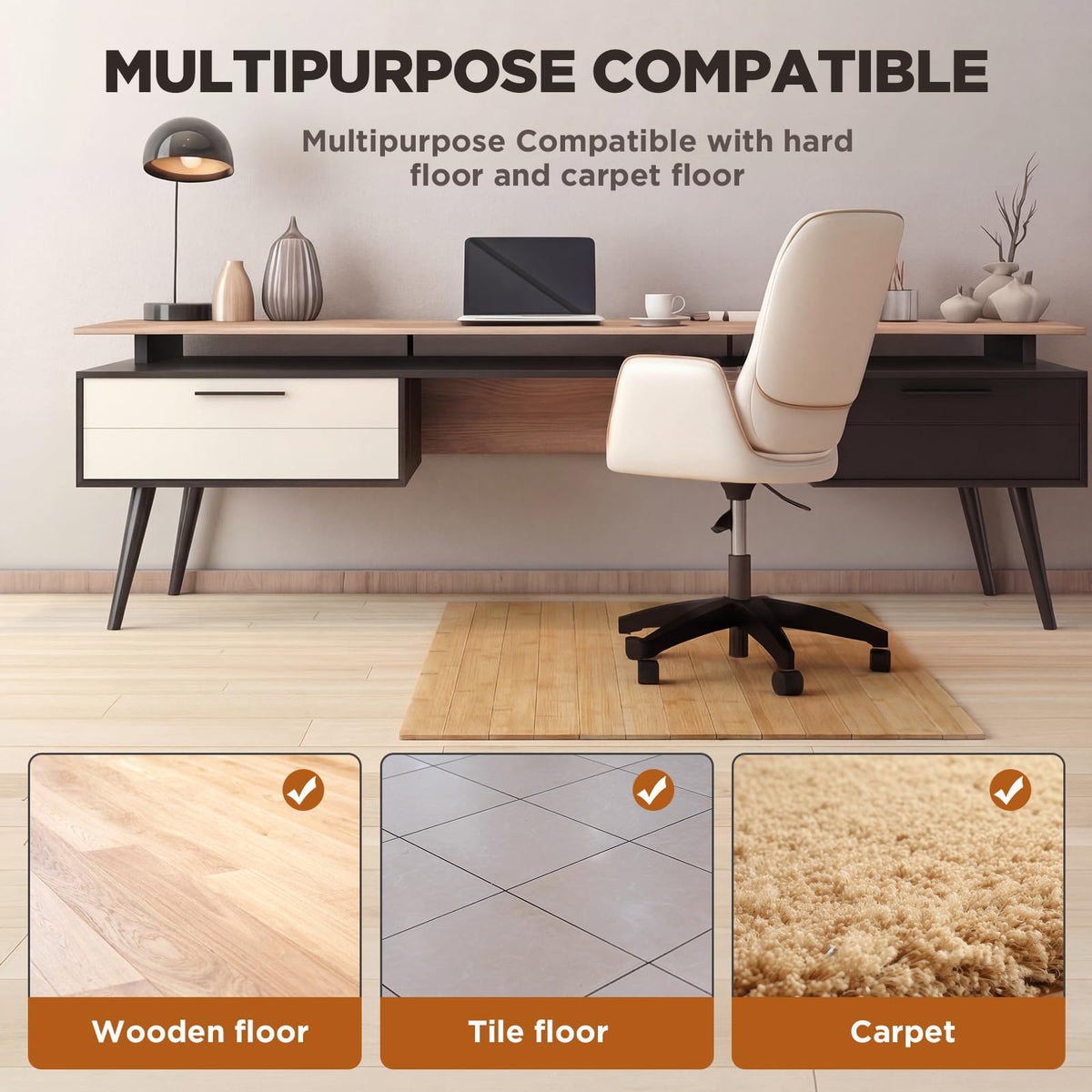 Leinuosen 36" x 48" Office Bamboo Chairmat for Carpet Floor Mat Highly Premium Quality Anti-Slip Office & Home Floor Protector Low Pile Carpet Chair Mat, 5mm Thick(Without Lip,Wood)